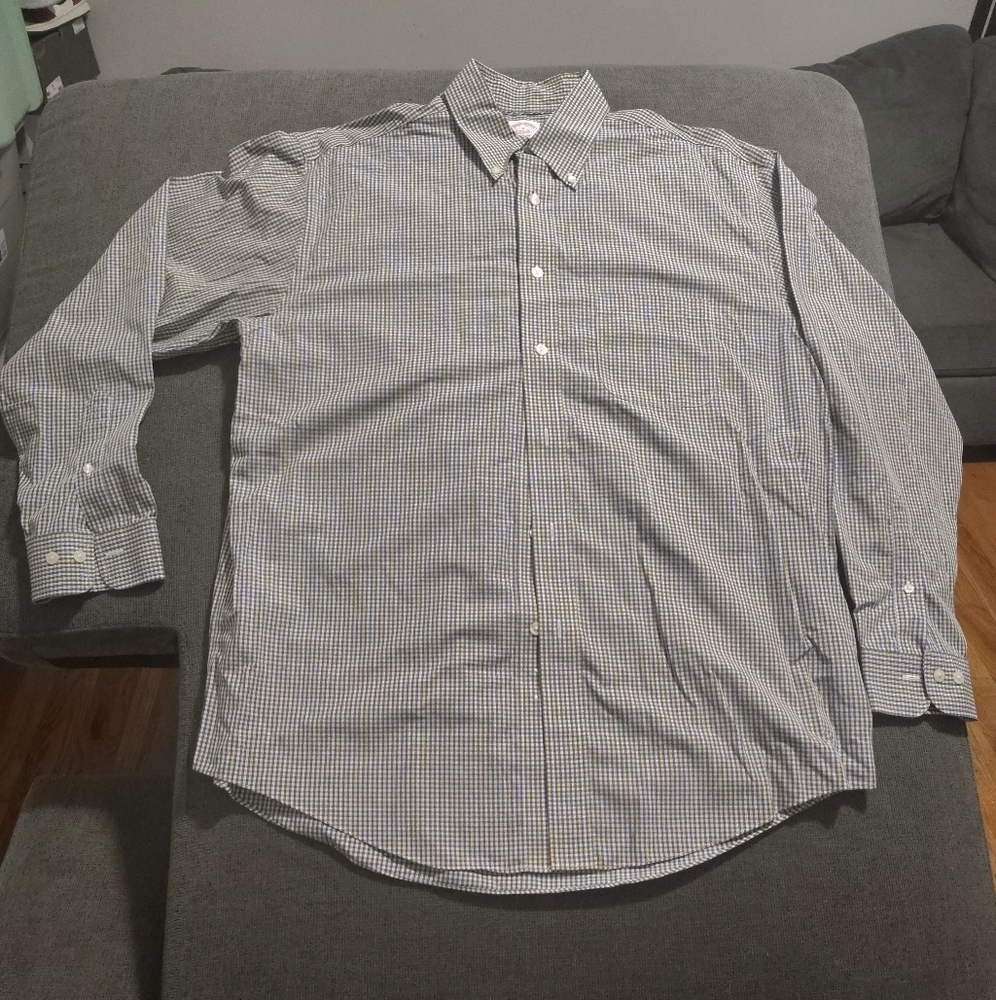 Brooks Brothers Madison Plaid Check Non-Iron Supima Cotton Mens Shirt L Blue